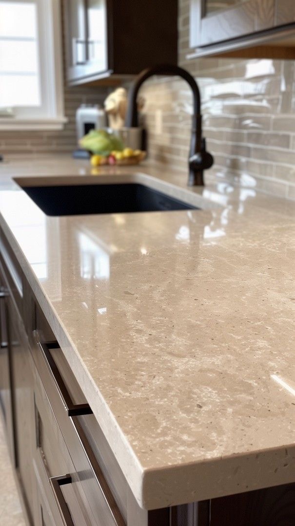 تنسيق الوان رخام مطابخ بيج مع الدواليب الخشبية والأبيض